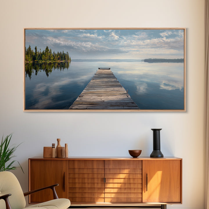 Quiet Lake Dock at Early Morning Framed Canvas Print, Bed and Breakfast Art, Room Decor, Living Room Decor, Fine Art, BAB-2x1-42
