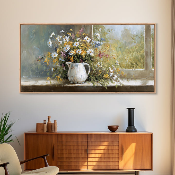 Country Wildflowers in a Chipped Ceramic Pitcher Canvas Print, Bed and Breakfast Art, Wood Wall Art, Living Room Decor, BAB-2x1-45