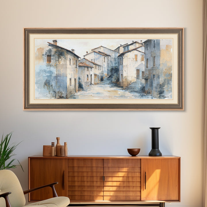 Soft Watercolor Village Street at Dawn Canvas Print, Bed and Breakfast Art, Printable Art, Living Room Decor, Fine Art, BAB-2x1-49