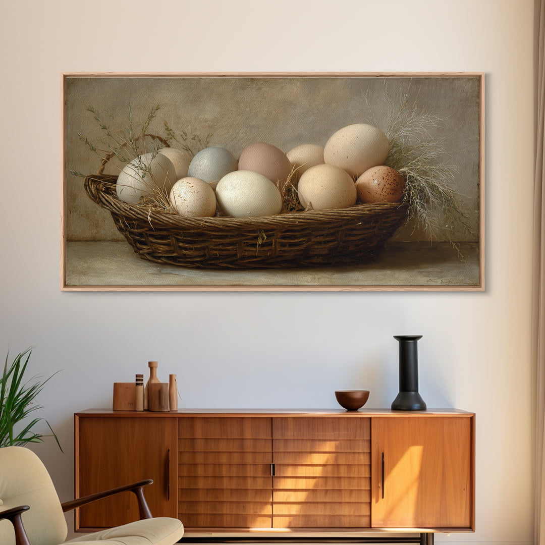 Fresh Eggs in a Woven Basket with Framed Canvas Print, Bed and Breakfast Art, Wall Decor, Living Room Decor, Fine Art, BAB-2x1-50