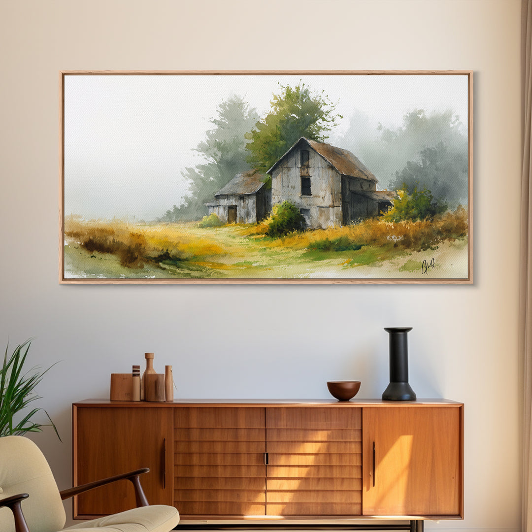 Old Farmhouse Landscape Framed Canvas Print, Bed and Breakfast Art, Living Room Decor, Watercolor Art, Folk Art, BAB-2x1-51