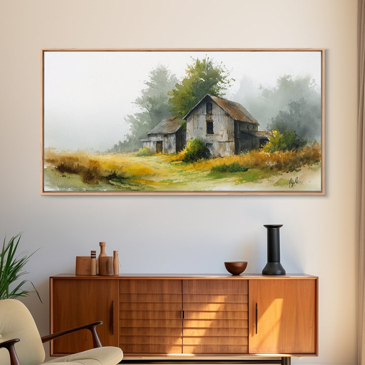 Old Farmhouse Landscape Framed Canvas Print, Bed and Breakfast Art, Living Room Decor, Watercolor Art, Folk Art, BAB-2x1-51