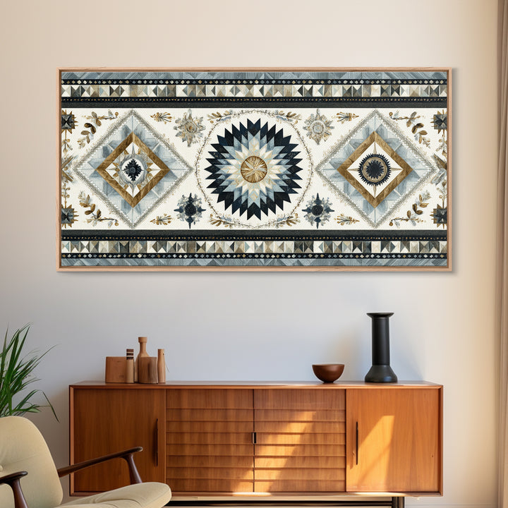 Quilt Pattern Folk Art Composition Framed Canvas Print, Bed and Breakfast Art, Dopamine Decor, Living Room Decor, Fine Art, BAB-2x1-55