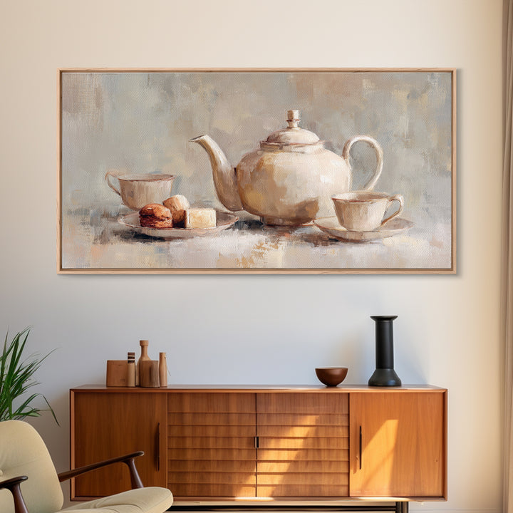 Porcelain Teapot and Scones Framed Canvas Print, Bed and Breakfast Art, Art Print, Living Room Decor, Fine Art, BAB-2x1-56