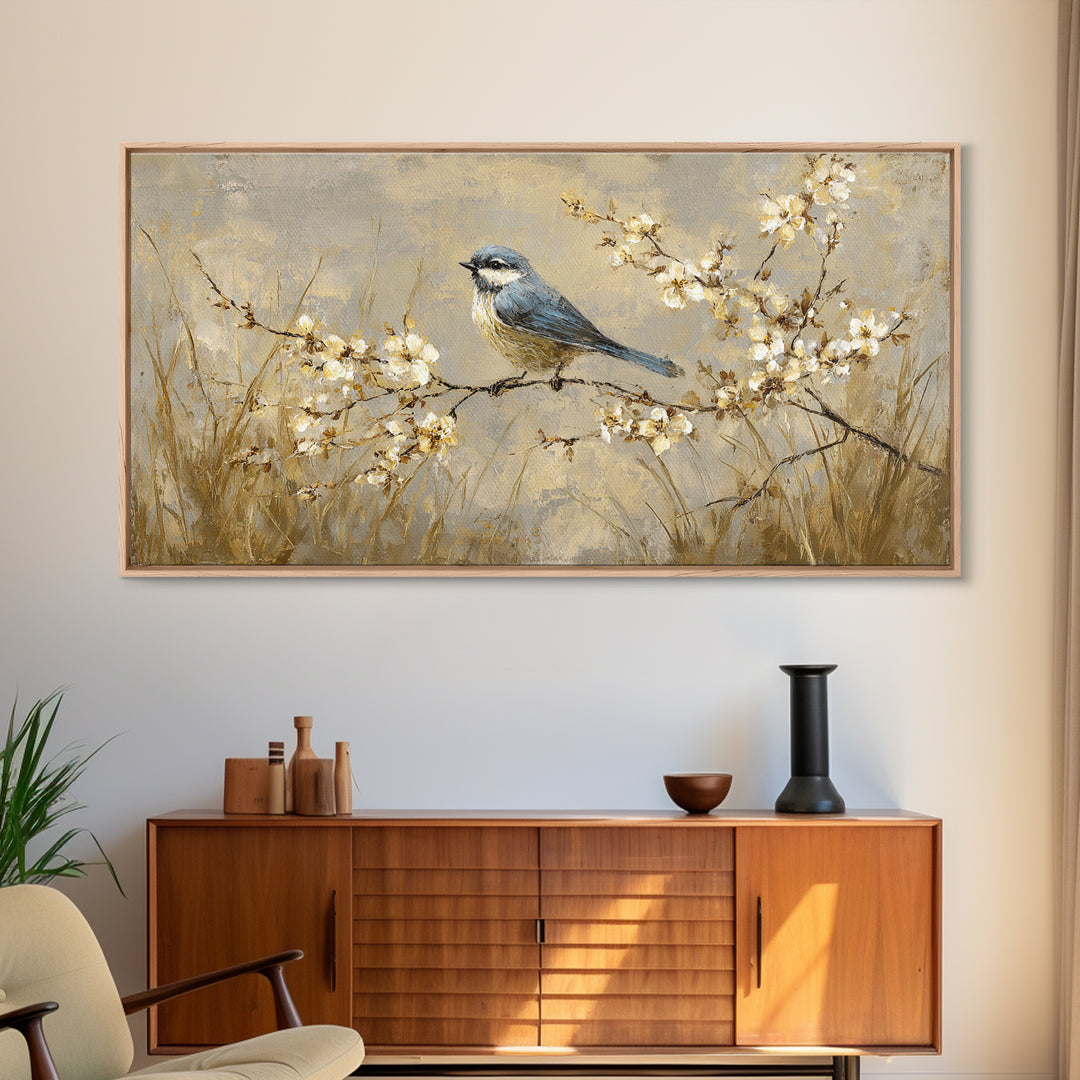 Small Bird on a Flowering Branch Canvas Print, Bed and Breakfast Art, Print, Living Room Decor, Watercolor Art, BAB-2x1-58