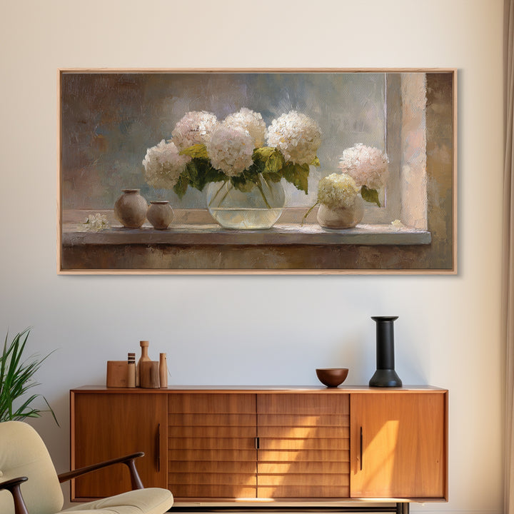 Sunlit Hydrangeas on a Windowsill Framed Canvas Print, Bed and Breakfast Art, Minimalist Decor, Living Room Decor, Fine Art, BAB-2x1-6