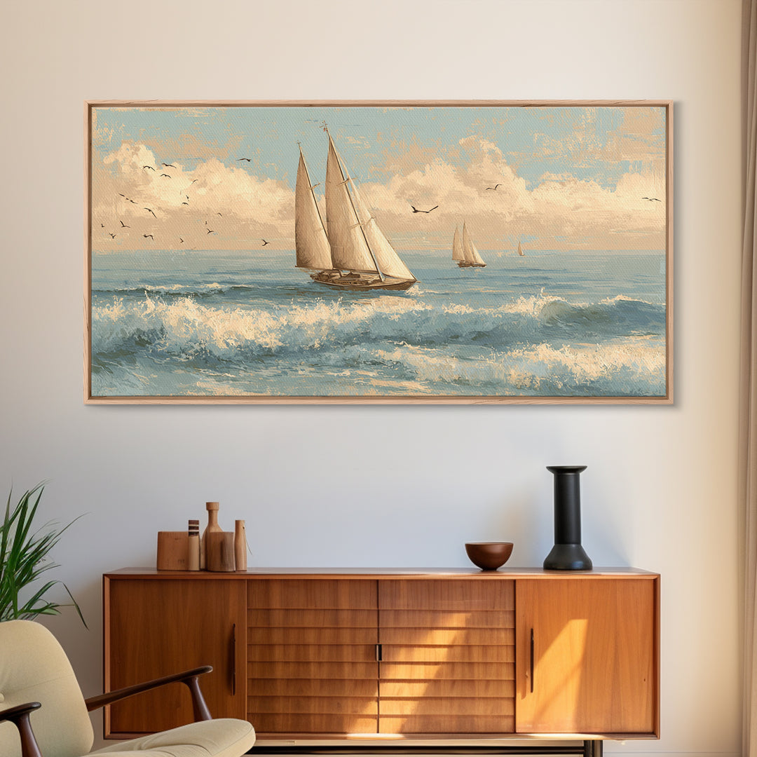 Coastal Inn Sailboat at Sunrise Canvas Print, Bed and Breakfast Art, Abstract Art, Living Room Decor, Fine Art, BAB-2x1-61