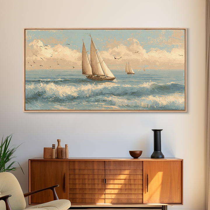 Coastal Inn Sailboat at Sunrise Canvas Print, Bed and Breakfast Art, Abstract Art, Living Room Decor, Fine Art, BAB-2x1-61