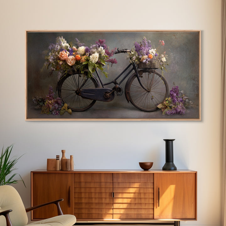 Old Bicycle with Flowers in Basket Framed Canvas Print, Bed and Breakfast Art, Gallery Decor, Living Room Decor, Fine Art, BAB-2x1-67