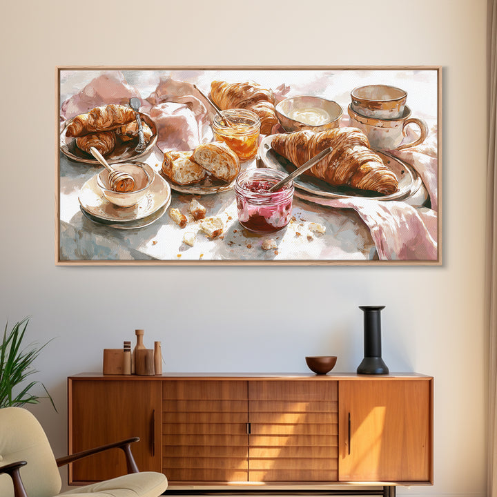 Fresh Croissants and Jam on a Linen Canvas Print, Bed and Breakfast Art, Printable, Living Room Decor, Fine Art, BAB-2x1-70