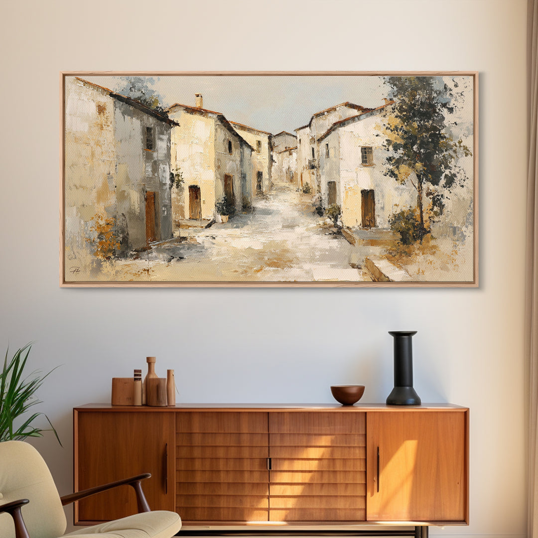 Soft Watercolor Village Street at Dawn Canvas Print, Bed and Breakfast Art, Printable Art, Living Room Decor, Fine Art, BAB-2x1-73
