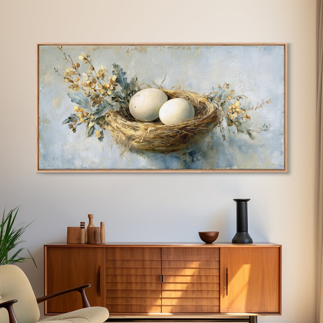 Fresh Eggs in a Woven Basket with Canvas Print, Bed and Breakfast Art, Printable Wall Art, Living Room Decor, Watercolor Art, BAB-2x1-74