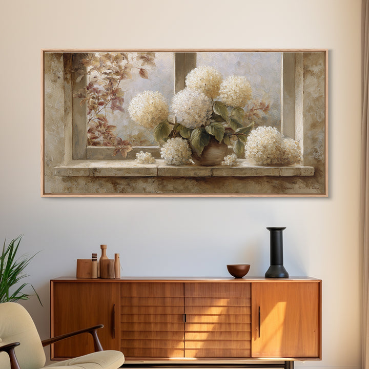 Sunlit Hydrangeas on a Windowsill Canvas Print, Bed and Breakfast Art, Decor, Living Room Decor, Fine Art, Dopamine Decor, BAB-2x1-78