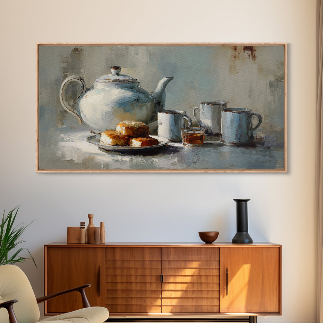 Porcelain Teapot and Scones Framed Canvas Print, Bed and Breakfast Art, Bed, Living Room Decor, Fine Art, Rustic Home Decor, BAB-2x1-80