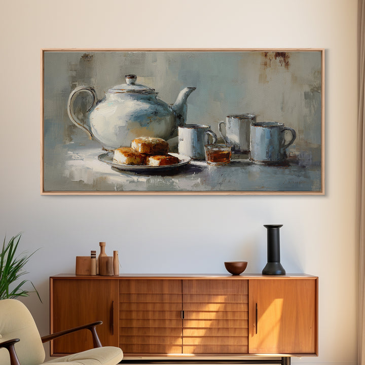Porcelain Teapot and Scones Framed Canvas Print, Bed and Breakfast Art, Bed, Living Room Decor, Fine Art, Rustic Home Decor, BAB-2x1-80