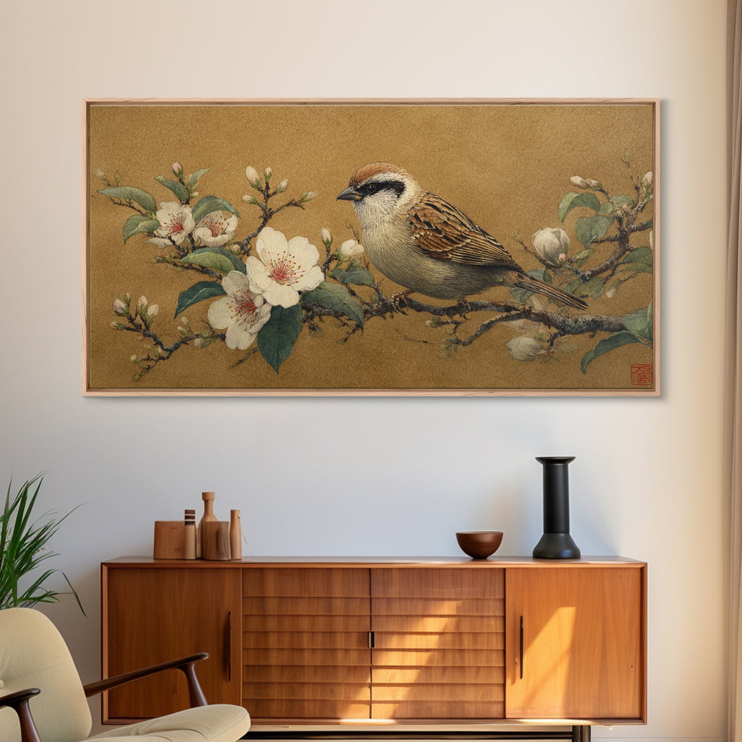 Small Bird on a Flowering Branch Canvas Print, Bed and Breakfast Art, Print, Living Room Decor, Watercolor Art, BAB-2x1-82