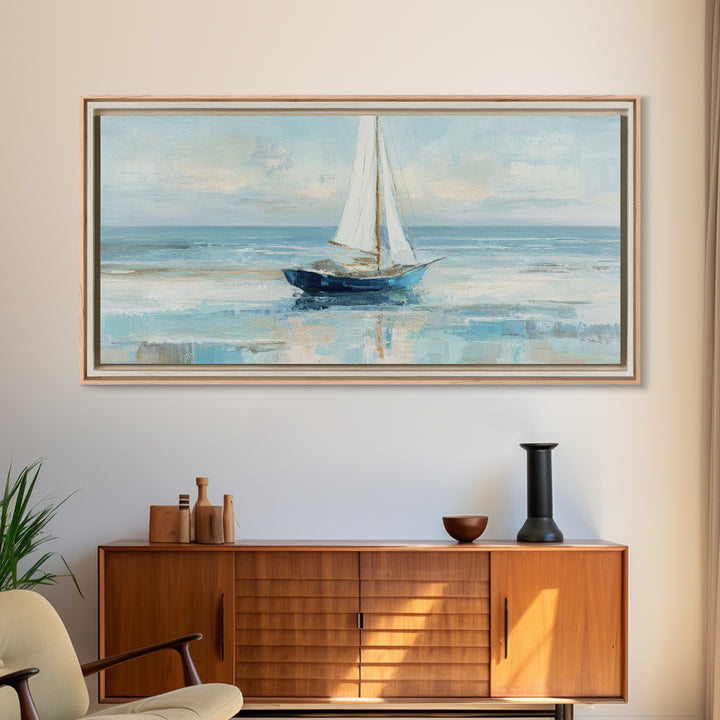 Coastal Inn Sailboat at Sunrise Framed Canvas Print, Bed and Breakfast Art, Dopamine Decor, Living Room Decor, Fine Art, BAB-2x1-85