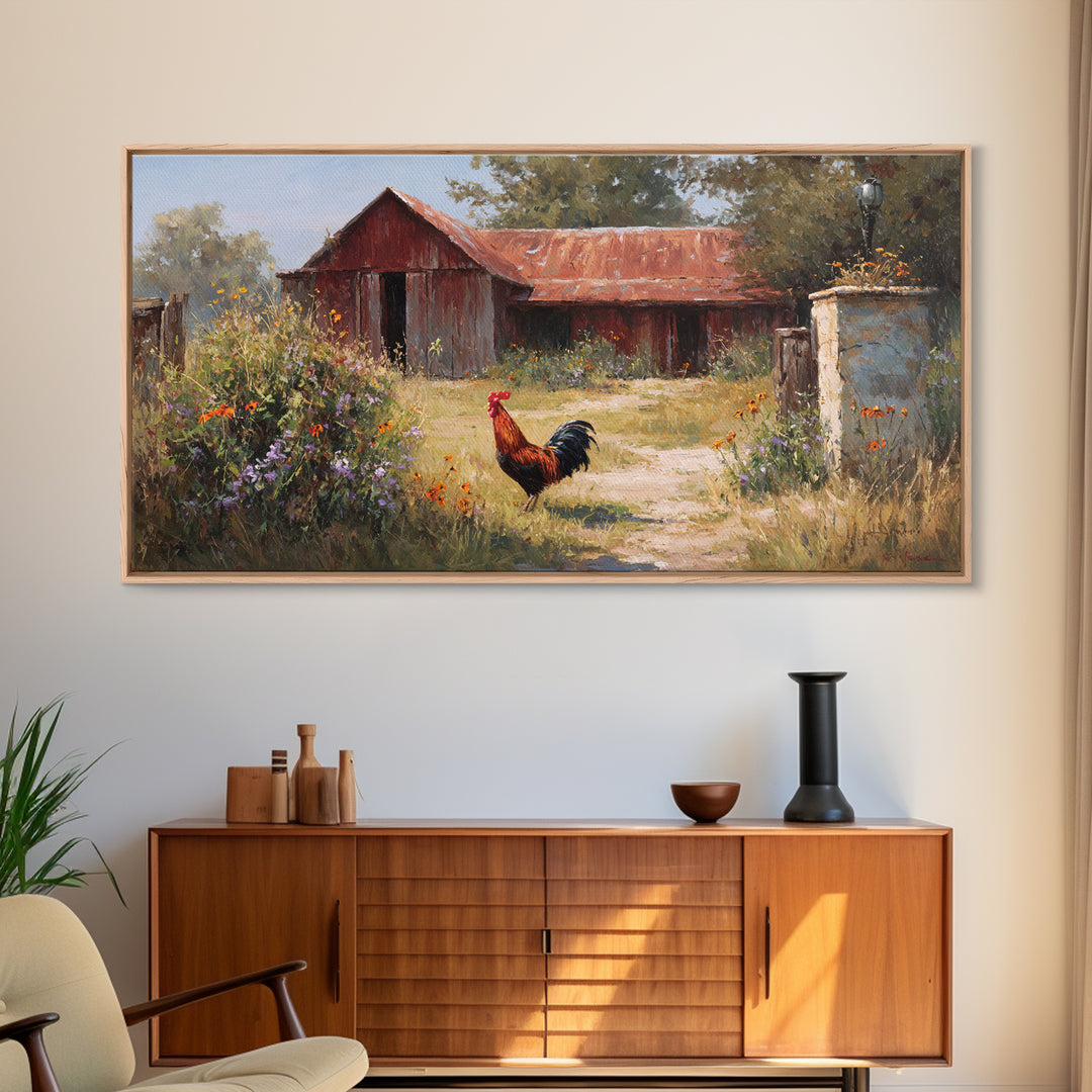 Rooster and Wildflower Country Portrait Canvas Print, Bed and Breakfast Art, Trendy Wall Art, Living Room Decor, BAB-2x1-87