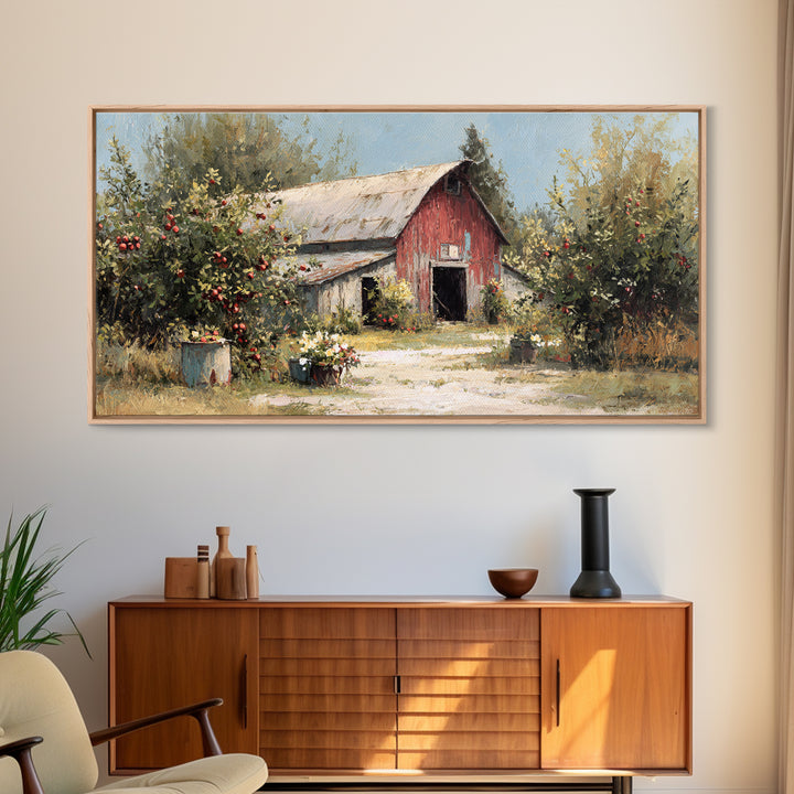 Apple Orchard Scene Framed Canvas Print, Bed and Breakfast Art, Decor, Living Room Decor, Fine Art, Dopamine Decor, BAB-2x1-9