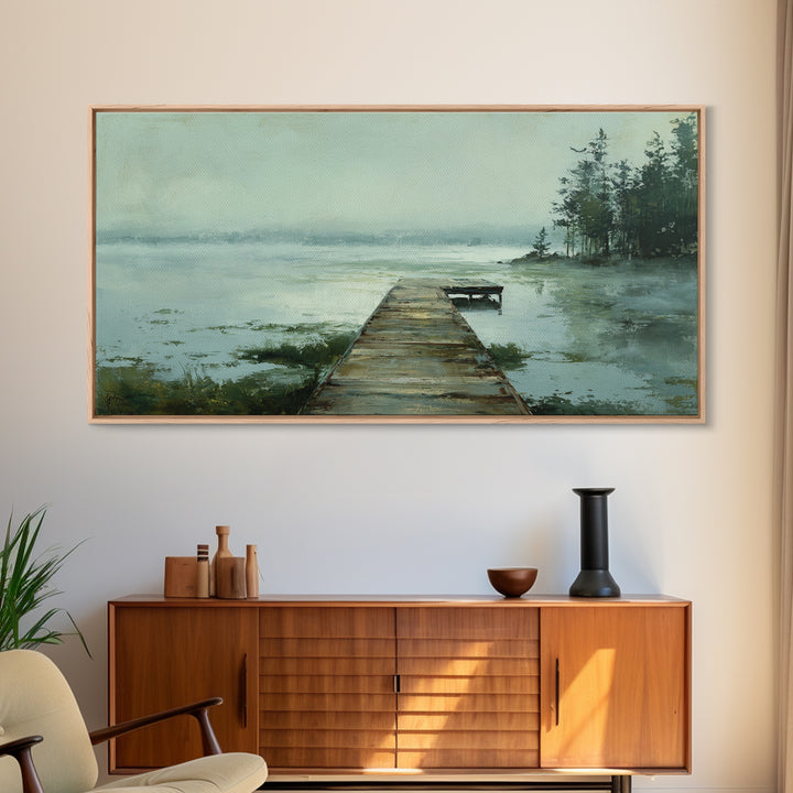 Quiet Lake Dock at Early Morning Framed Canvas Print, Bed and Breakfast Art, Digital Art, Living Room Decor, Fine Art, BAB-2x1-90