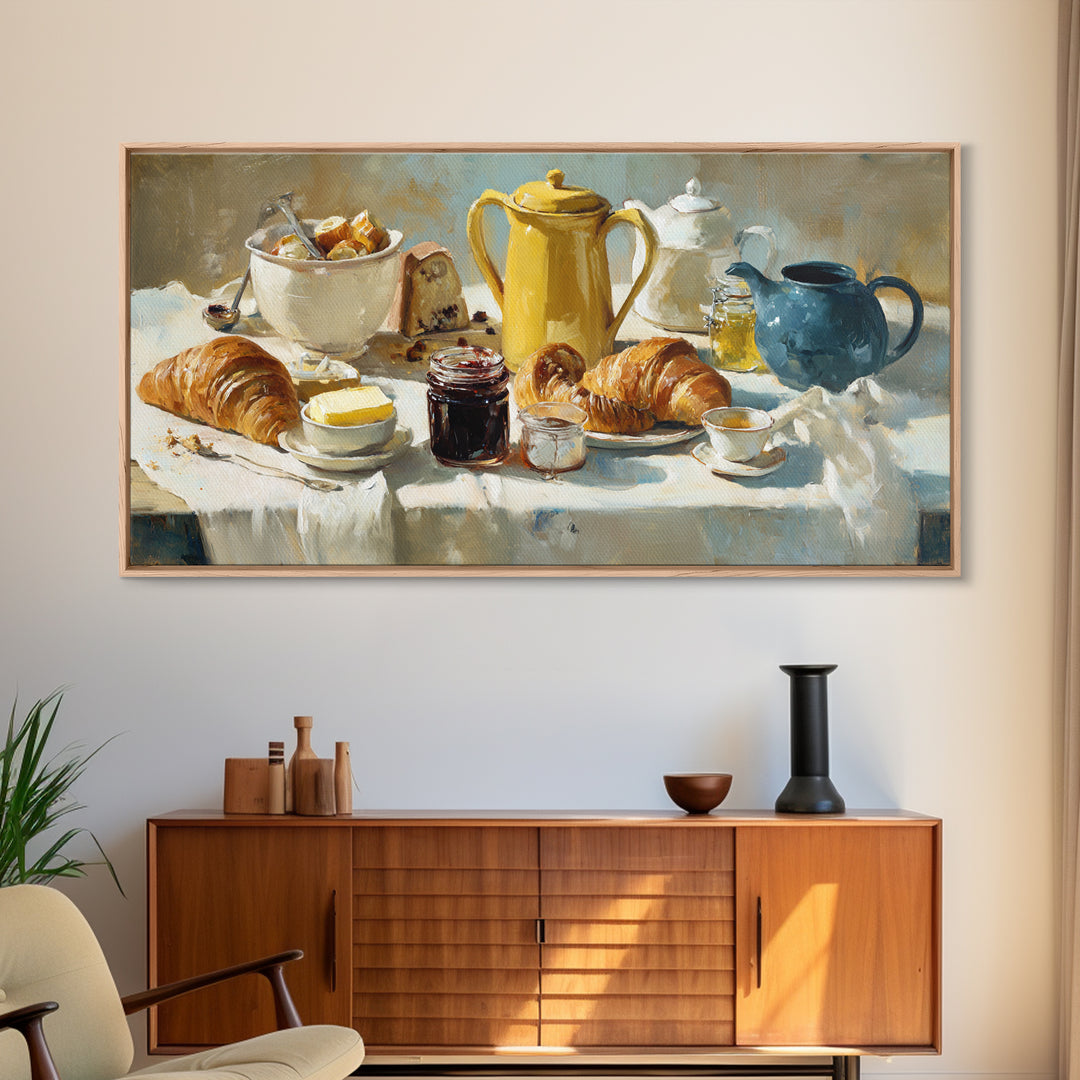 Fresh Croissants and Jam on a Linen Canvas Print, Bed and Breakfast Art, Printable, Living Room Decor, Fine Art, BAB-2x1-94