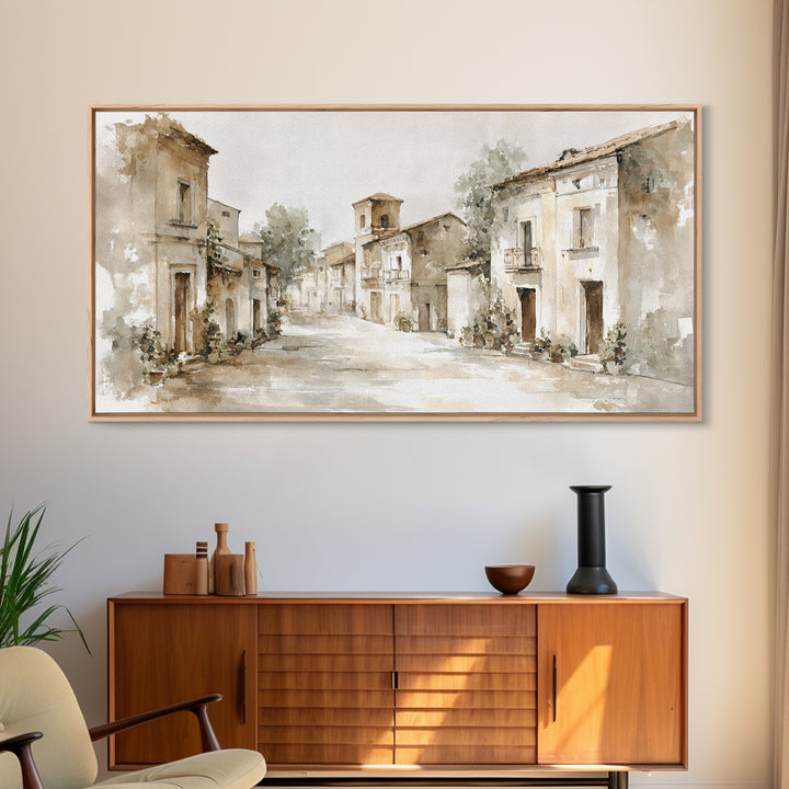 Soft Watercolor Village Street at Dawn Canvas Print, Bed and Breakfast Art, Bedroom Wall Art, Living Room Decor, BAB-2x1-97