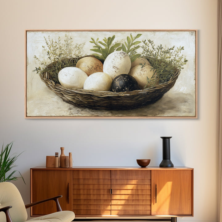 Fresh Eggs in a Woven Basket with Canvas Print, Bed and Breakfast Art, Printable Wall Art, Living Room Decor, Watercolor Art, BAB-2x1-98