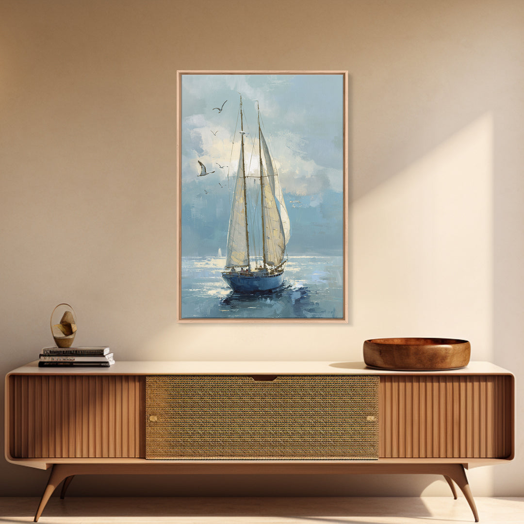 Coastal Inn Sailboat at Sunrise Framed Canvas Print, Bed and Breakfast Art, Printable, Living Room Decor, Fine Art, BAB-2x3-1