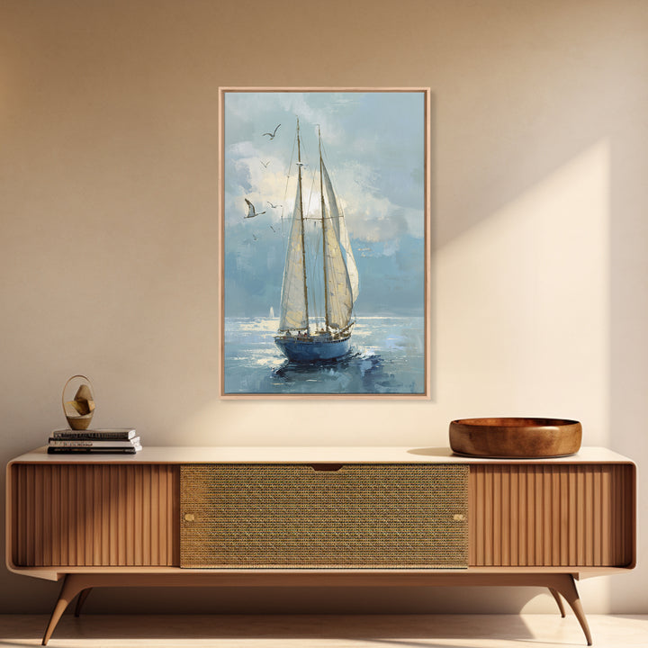 Coastal Inn Sailboat at Sunrise Framed Canvas Print, Bed and Breakfast Art, Printable, Living Room Decor, Fine Art, BAB-2x3-1