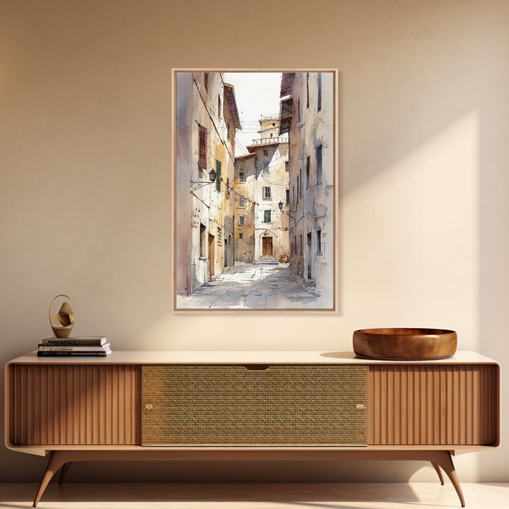 Soft Watercolor Village Street at Dawn Framed Canvas Print, Bed and Breakfast Art, Abstract Art, Living Room Decor, Fine Art, BAB-2x3-13