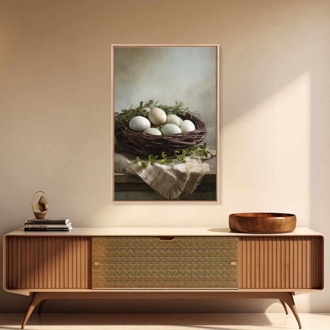 Fresh Eggs in a Woven Basket with Canvas Print, Bed and Breakfast Art, Wall Art, Living Room Decor, Oil Painting, BAB-2x3-14