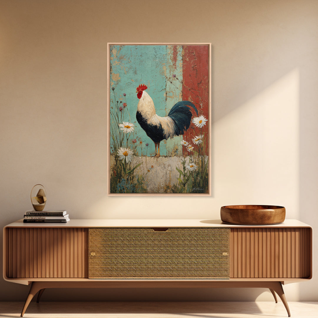 Rooster and Wildflower Country Portrait Canvas Print, Bed and Breakfast Art, Room Decor, Living Room Decor, Dopamine Decor, BAB-2x3-3