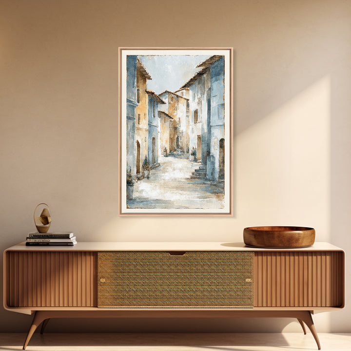 Soft Watercolor Village Street at Dawn Framed Canvas Print, Bed and Breakfast Art, Abstract Art, Living Room Decor, Fine Art, BAB-2x3-37