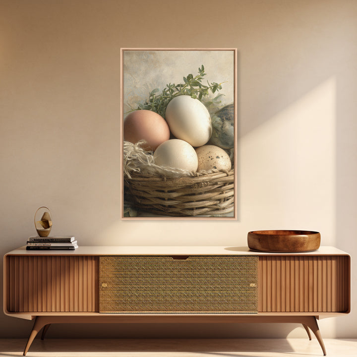 Fresh Eggs in a Woven Basket with Framed Canvas Print, Bed and Breakfast Art, Art Print, Living Room Decor, Fine Art, BAB-2x3-38