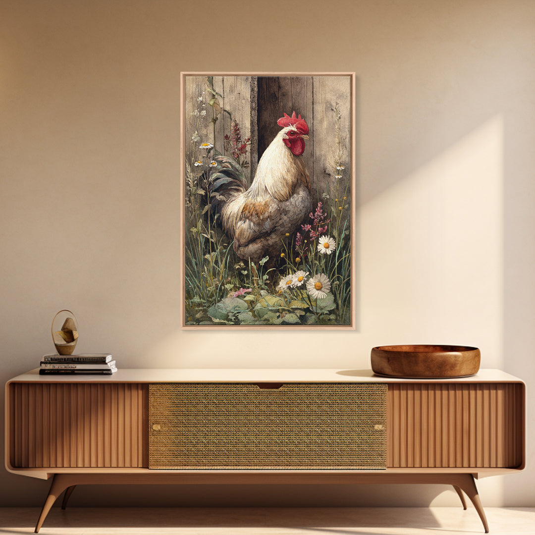 Rooster and Wildflower Country Portrait Framed Canvas Print, Bed and Breakfast Art, Digital Art, Living Room Decor, Fine Art, BAB-2x3-51