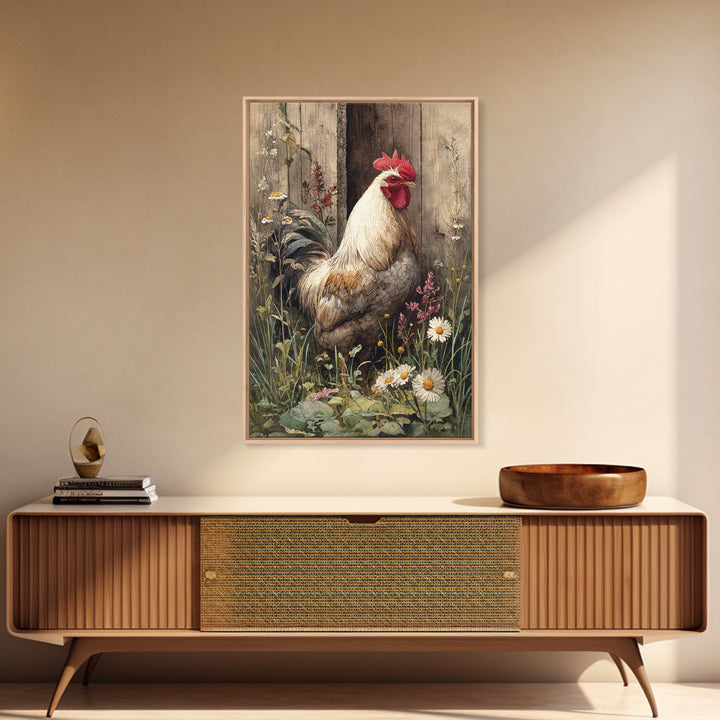 Rooster and Wildflower Country Portrait Framed Canvas Print, Bed and Breakfast Art, Digital Art, Living Room Decor, Fine Art, BAB-2x3-51