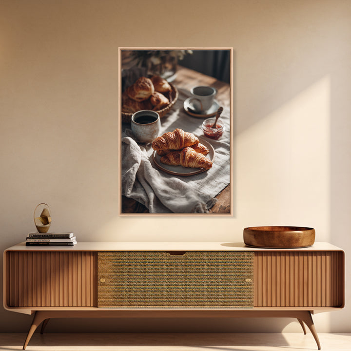 Fresh Croissants and Jam on a Linen Canvas Print, Bed and Breakfast Art, Abstract Art, Living Room Decor, Coffee Art, BAB-2x3-58