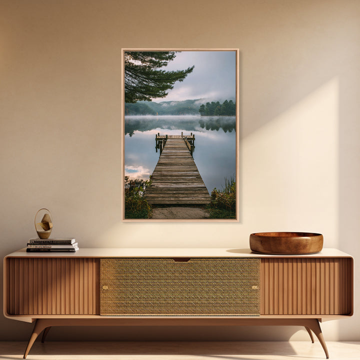 Quiet Lake Dock at Early Morning Framed Canvas Print, Bed and Breakfast Art, Minimalist Decor, Living Room Decor, Oil Painting, BAB-2x3-6