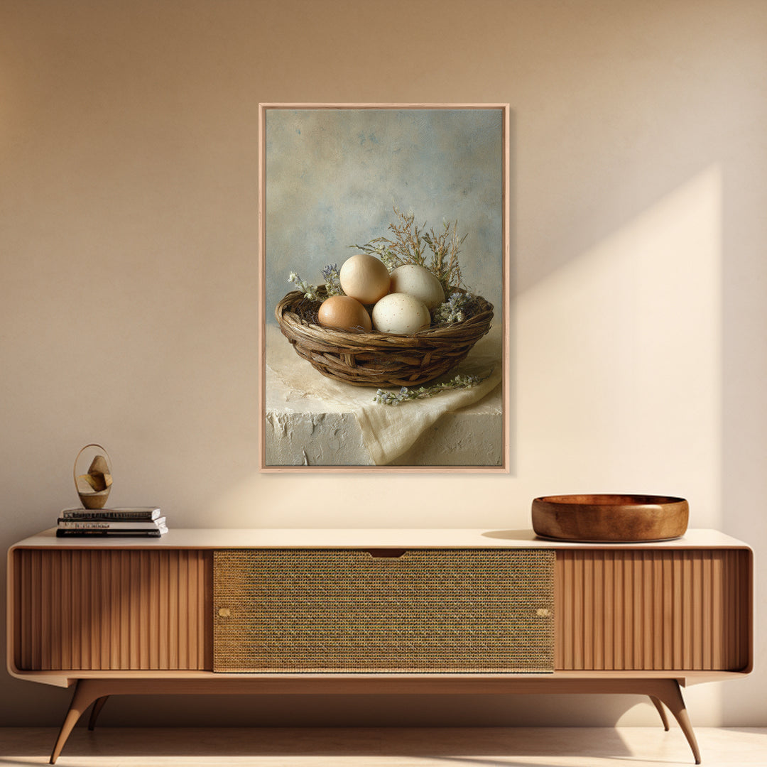 Fresh Eggs in a Woven Basket with Canvas Print, Bed and Breakfast Art, Bedroom Decor, Living Room Decor, Abstract Art, BAB-2x3-62