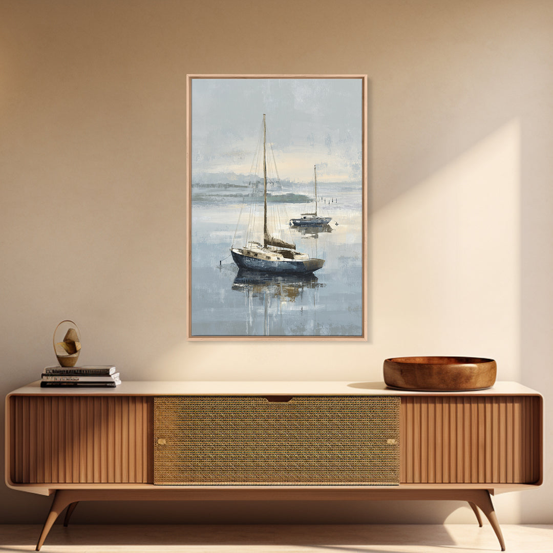 Coastal Inn Sailboat at Sunrise Framed Canvas Print, Bed and Breakfast Art, Bedroom Wall Art, Living Room Decor, Fine Art, BAB-2x3-73
