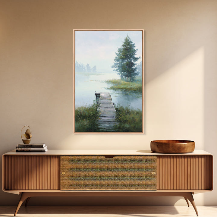 Quiet Lake Dock at Early Morning Framed Canvas Print, Bed and Breakfast Art, Canvas Wall Art, Living Room Decor, Fine Art, BAB-2x3-78
