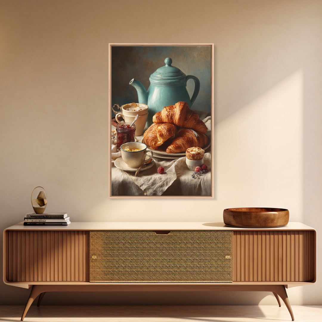 Fresh Croissants and Jam on a Linen Canvas Print, Bed and Breakfast Art, Abstract Art, Living Room Decor, Coffee Art, BAB-2x3-82