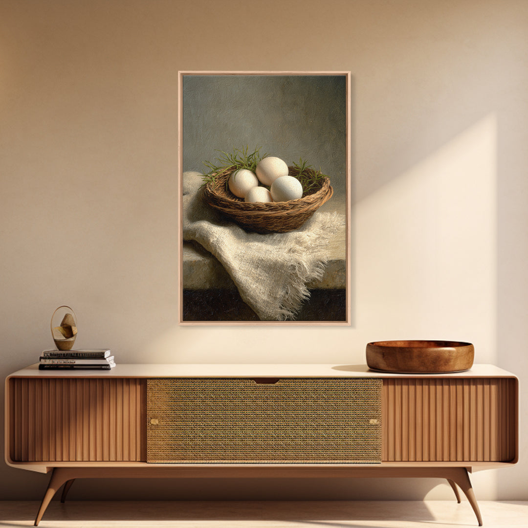 Fresh Eggs in a Woven Basket with Canvas Print, Bed and Breakfast Art, Bedroom Decor, Living Room Decor, Abstract Art, BAB-2x3-86