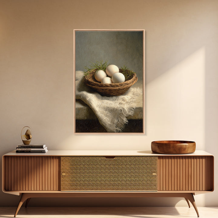 Fresh Eggs in a Woven Basket with Canvas Print, Bed and Breakfast Art, Bedroom Decor, Living Room Decor, Abstract Art, BAB-2x3-86
