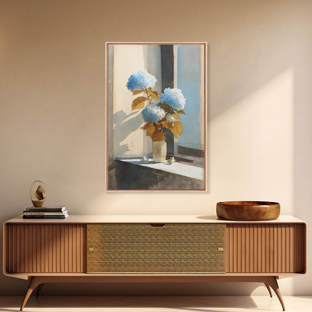 Sunlit Hydrangeas on a Windowsill Framed Canvas Print, Bed and Breakfast Art, Wood Wall Art, Living Room Decor, Fine Art, BAB-2x3-90