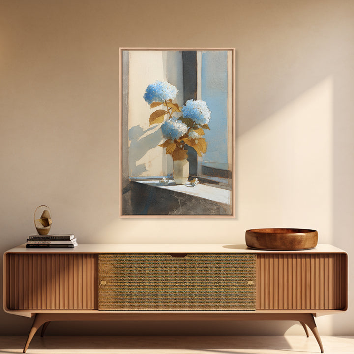 Sunlit Hydrangeas on a Windowsill Framed Canvas Print, Bed and Breakfast Art, Wood Wall Art, Living Room Decor, Fine Art, BAB-2x3-90