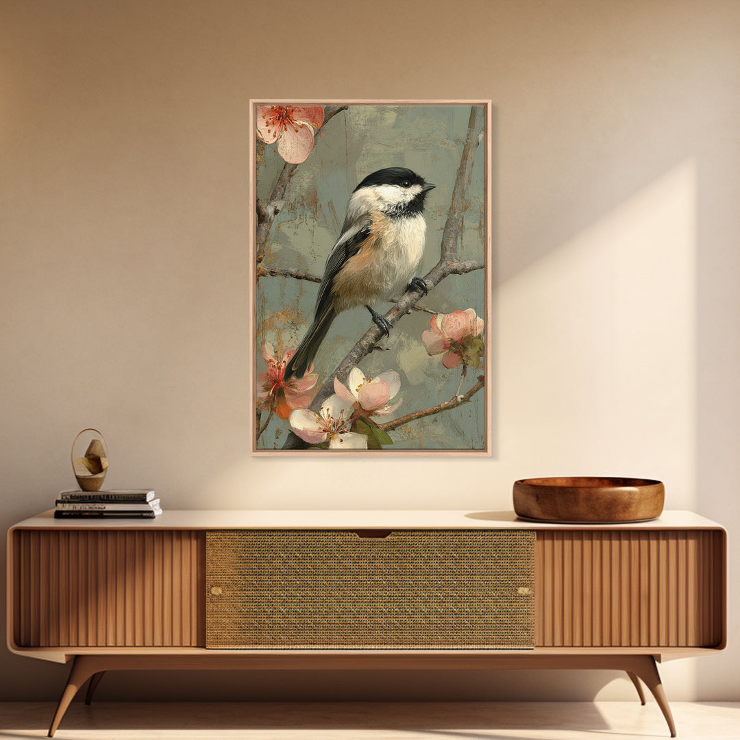 Small Bird on a Flowering Branch Framed Canvas Print, Bed and Breakfast Art, Printable Art, Living Room Decor, Watercolor Art, BAB-2x3-94