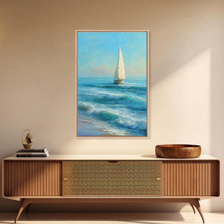 Coastal Inn Sailboat at Sunrise Framed Canvas Print, Bed and Breakfast Art, Bedroom Wall Art, Living Room Decor, Fine Art, BAB-2x3-97