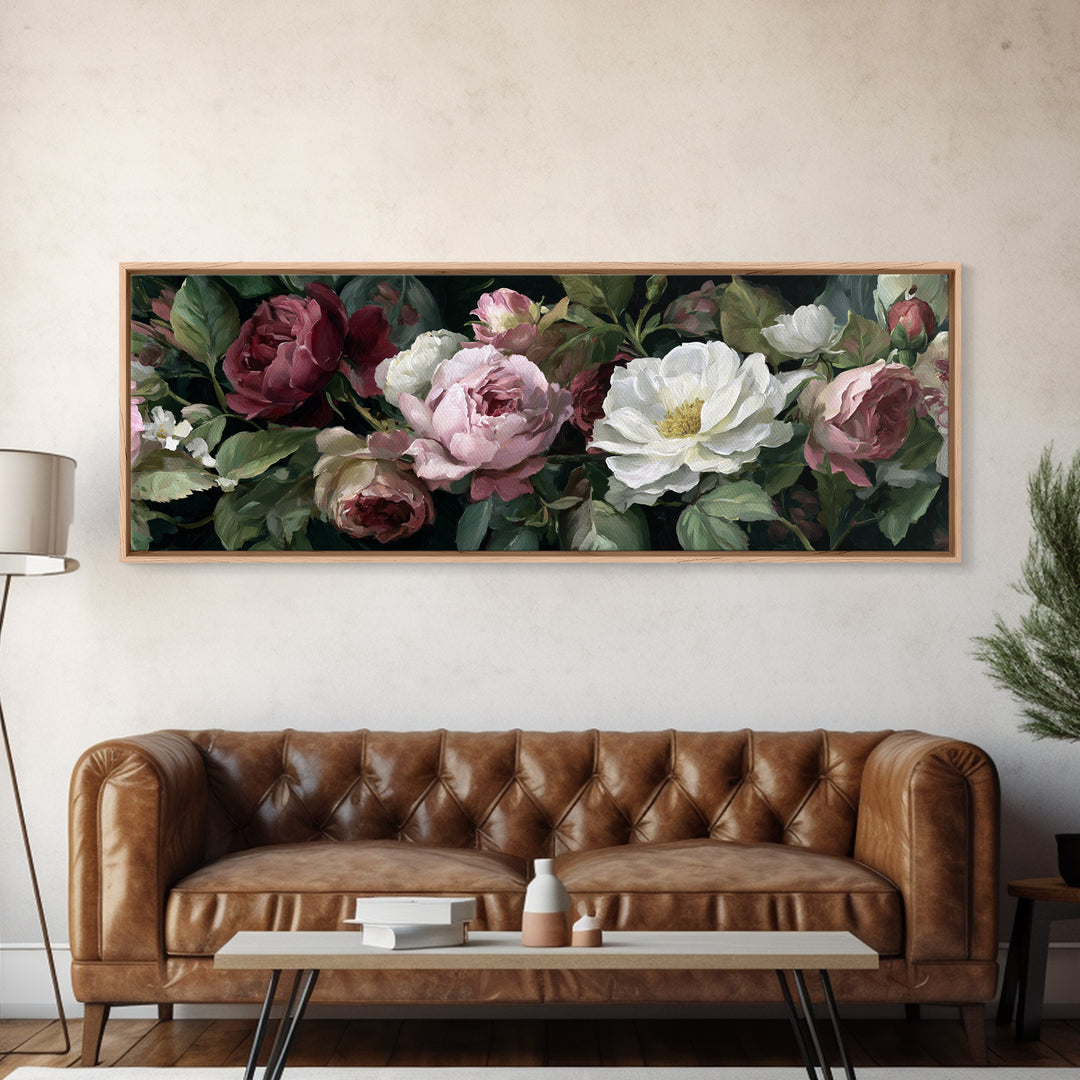 Garden Roses in Romantic Oil Paint Canvas Print, Bed and Breakfast Art, Bed, Living Room Decor, Oil Painting, BAB-3x1-13