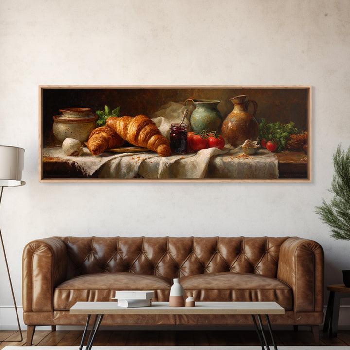 Fresh Croissants and Jam on a Linen Framed Canvas Print, Bed and Breakfast Art, Printable Art, Living Room Decor, Abstract Art, BAB-3x1-18